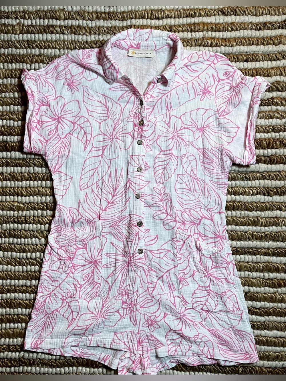 Ocean Drive White Pink tropical Floral Print Gauze Button-Front romper